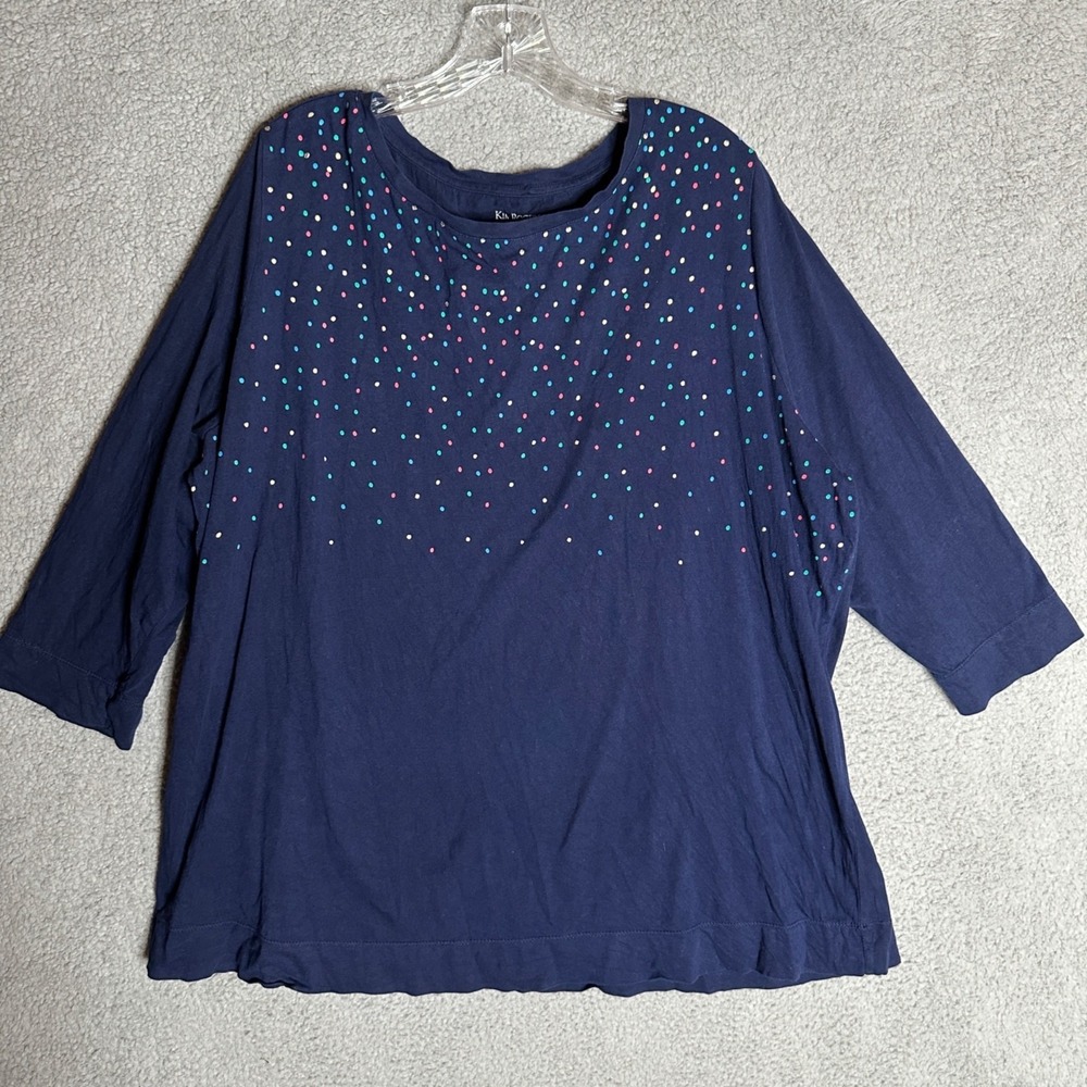 Kim Rogers Curvy Shirt Top Womens Size 2X Blue Polka‎ Dot 3/4 Sleeve Cotton